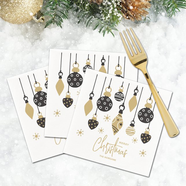 Serviette En Papier Ornements de Noël noir et or chic (Chic Merry Christmas tree ornaments on personalized cocktail napkins)