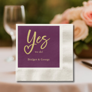 Serviette En Papier Oui Nous faisons mariage or prune