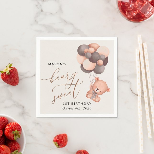 Serviette En Papier Ours, Ballons Brown, Premier Anniversaire (En situation)