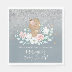 Serviette En Papier Ours Bébé Fête Floral Pailleté Bleu Atténué