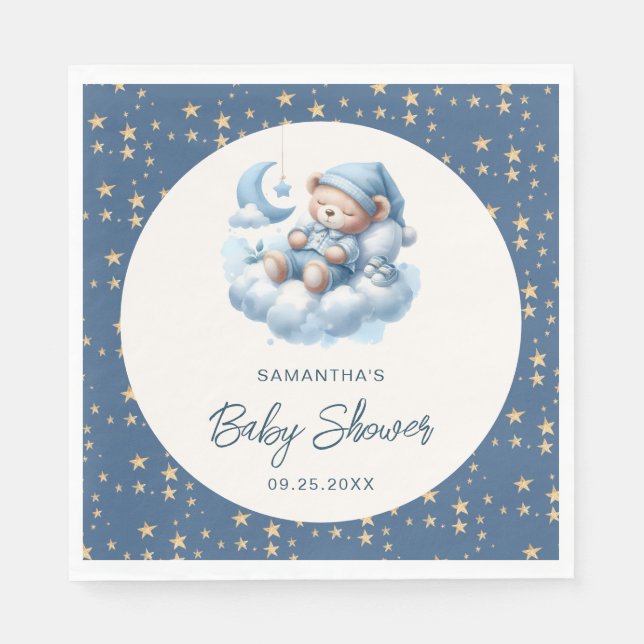 Serviette En Papier Ours couché nuage & étoiles bleu garçon baby showe (Devant)