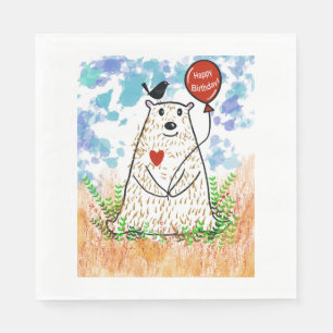 Serviette En Papier Ours d'anniversaire et serviette d'oiseaux noirs
