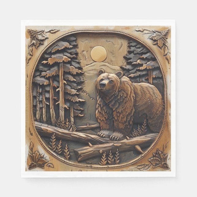 Serviette En Papier Ours en bois sculpté pleine lune pinède forêt (Devant)