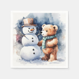 Serviette En Papier Ours En Conduite D'Hiver Et Snowman