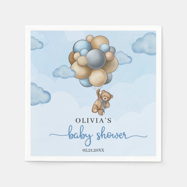 Serviette En Papier Ours en peluche bleu brun ballons Baby shower serv (Devant)