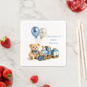 Serviette En Papier Ours en peluche Blue Gold Train Garçon Baby Shower
