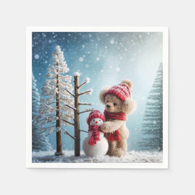 Serviette En Papier Ours en peluche d'hiver et Snowman (Devant)