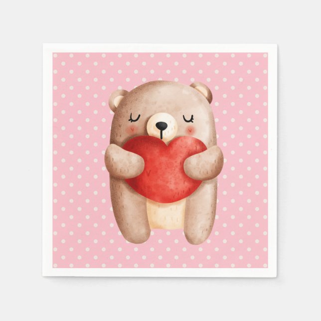 Serviette En Papier Ours en peluche mignon portant un coeur rouge (Devant)