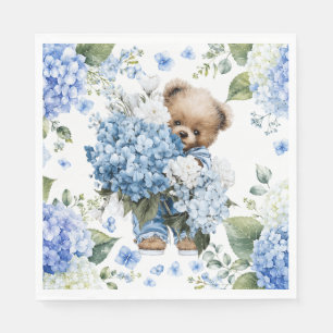 Serviette En Papier Ours en peluche tenant des fleurs d'hortensia