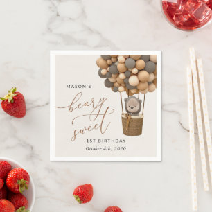 Serviette En Papier Ours mignon, Ballons Brown, Premier anniversaire