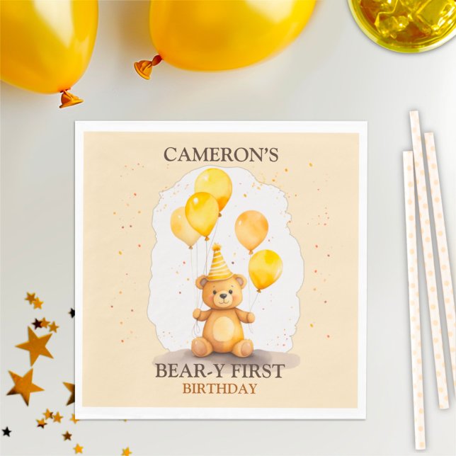 Serviette En Papier Ours Premier anniversaire Sexe Ours jaune neutre (Créateur téléchargé)