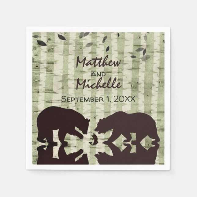 Serviette En Papier Ours rustiques de bois Pêche, Mariage de bouleaux (Devant)