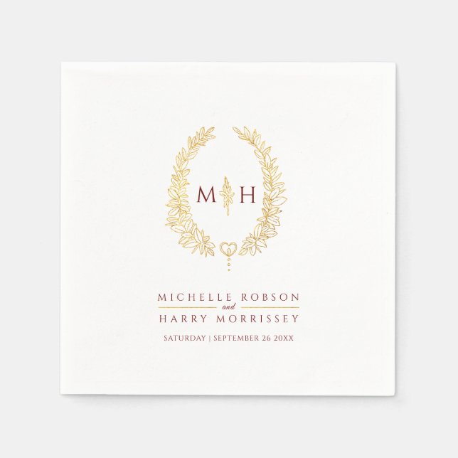 Serviette En Papier Oval wreath art feuille or rouge monogramme mariag (Devant)