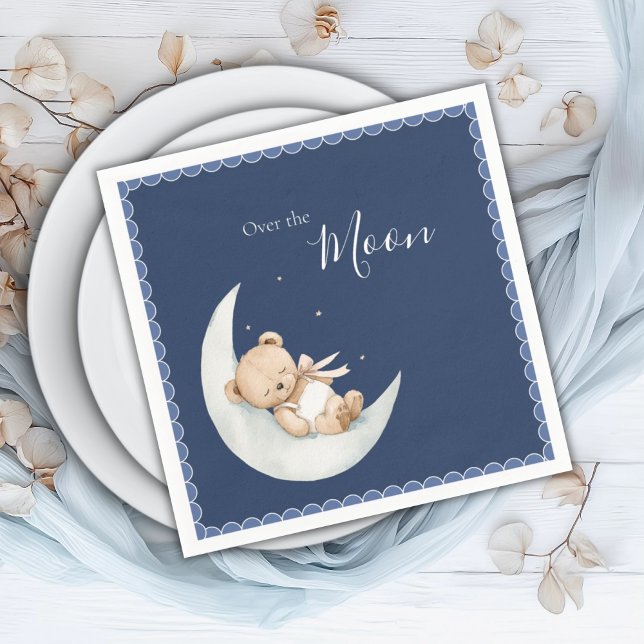 Serviette En Papier Over the Moon Bear Navy Blue Baby Shower (Créateur téléchargé)