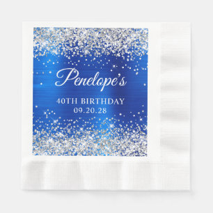 Serviette En Papier Paillettes Argent Bleu Royal Feuille 40e Anniversa