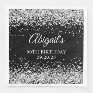 Serviette En Papier Paillettes Argentées et 60e Anniversaire Noir