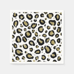 Serviette En Papier Paillettes Or Blanc & Imprimé Léopard Guépard Noir