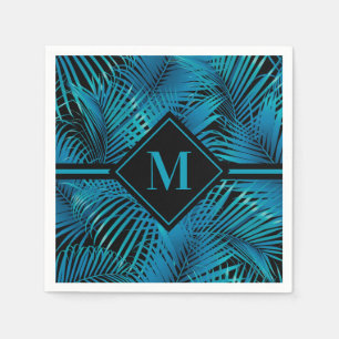 Serviette En Papier Palmes noires Turquoise Monogramme