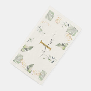 Serviette En Papier Palmier botanique Monogramme Nom Feuilles Vert Or