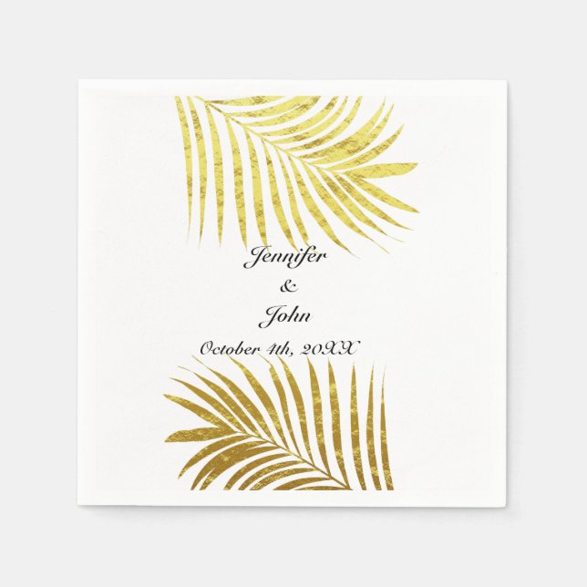 Serviette En Papier Palmier Foliage or Feuille Mariage blanc (Devant)