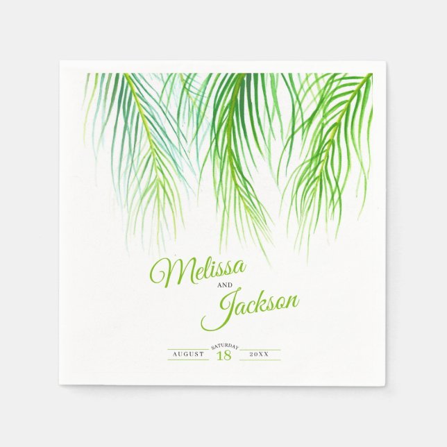 Serviette En Papier Palmier tropical mariage vert et blanc luxuriant (Devant)