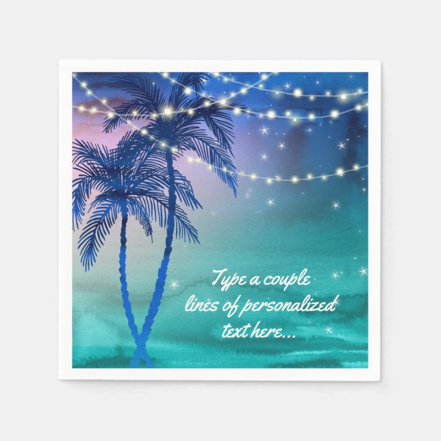 Serviette En Papier Palmiers Chaîne de lumières Plage Mariage serviett (Devant)