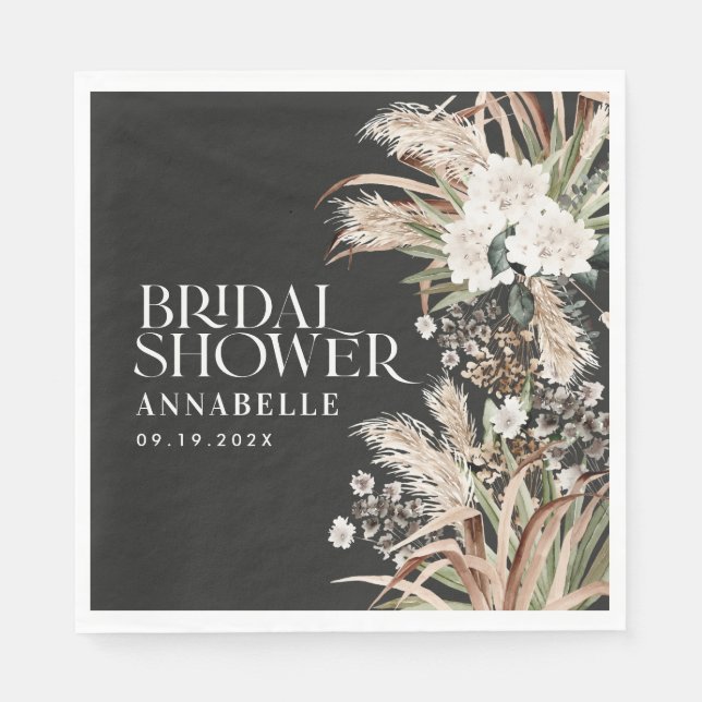 Serviette En Papier Pampas douche nuptiale moderne élégant noir boho (Devant)
