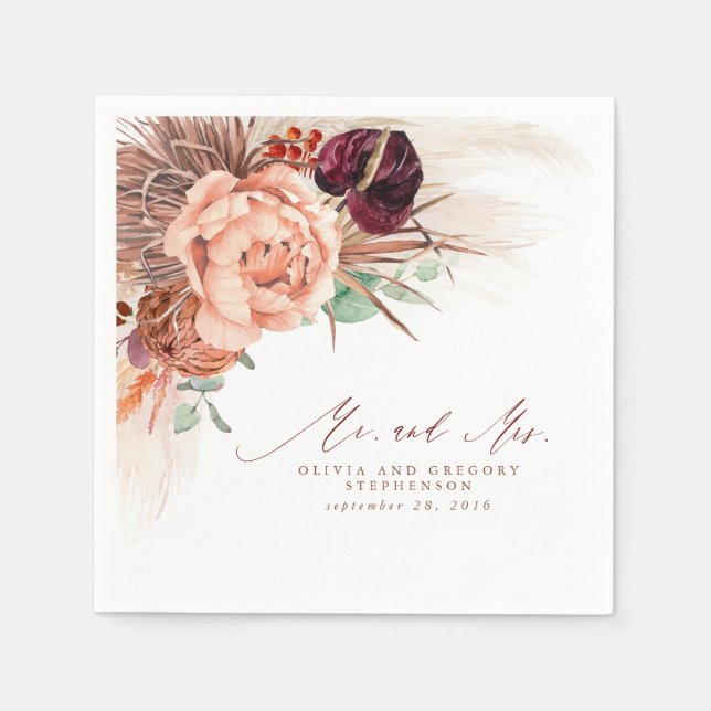 Serviette En Papier Pampas Floral Terracotta Mariage en herbe (Devant)