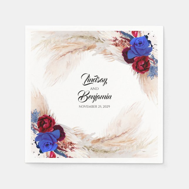 Serviette En Papier Pampas Grass Bourgogne Rouge Marine Bleu Floral Ma (Devant)