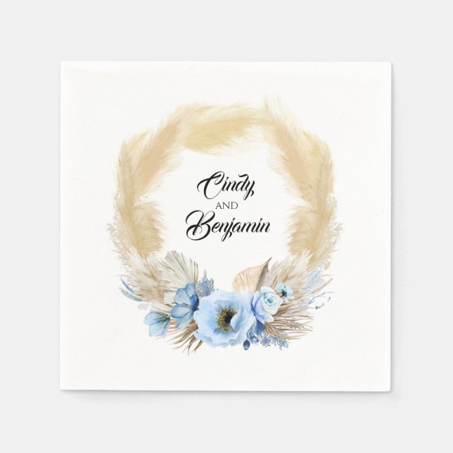 Serviette En Papier Pampas Grass Dusty Blue Floral Wreath Mariage (Devant)