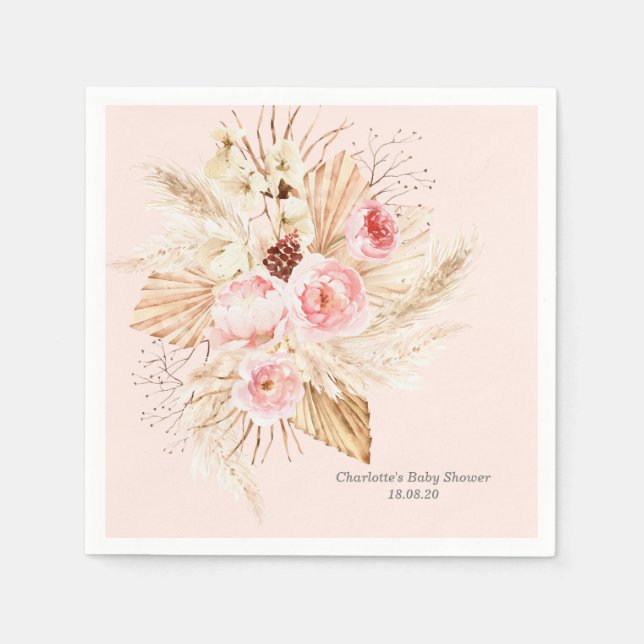 Serviette En Papier Pampas rose pâle Baby shower Floral Boho Grass (Devant)