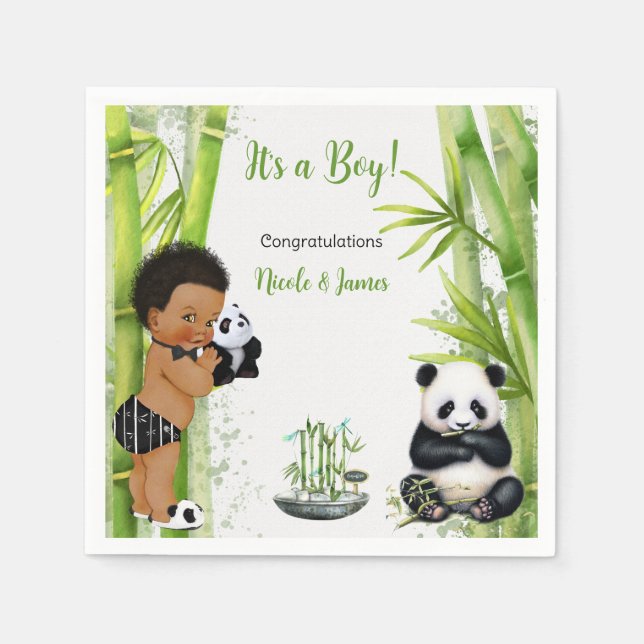Serviette En Papier Panda Bamboo Thème Baby Boy Black White Green (Devant)