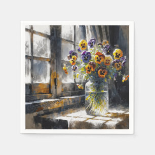 Serviette En Papier Pansies dans un bocal en verre Vintage