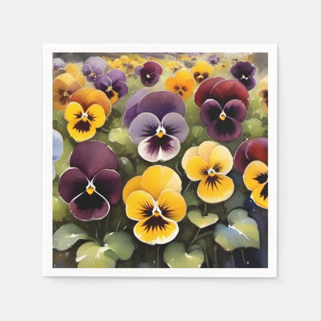 Serviette En Papier Pansies jaunes et violets aquarelle (Devant)