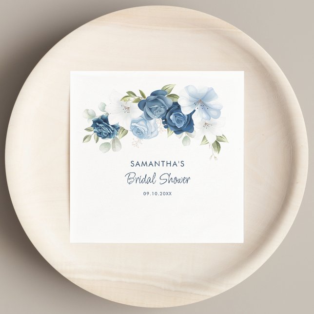 Serviette En Papier Papier à Fête des mariées bleu foncé élégant (Elegant Dusty Blue Floral Bridal Shower Paper Napkins)