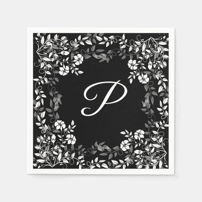 Serviette En Papier Papier à Mariage floral noir et blanc (Devant)
