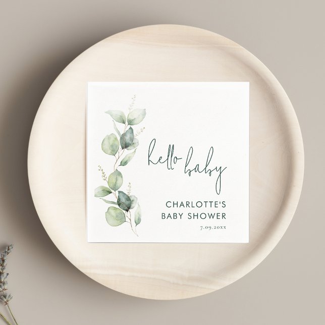 Serviette En Papier Papier Baby shower de script Eucalyptus aquarelle (Watercolor Eucalyptus Modern Script Baby Shower Paper Napkin)