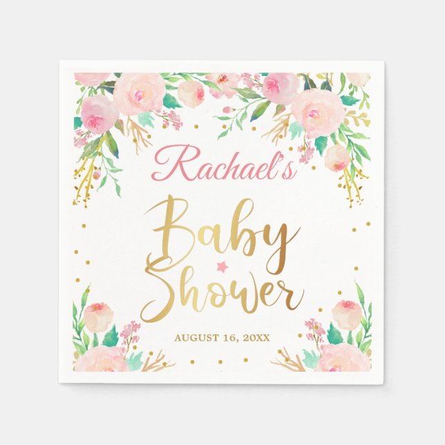 Serviette En Papier Papier Baby shower élégant Pink Floral Gold Script (Devant)