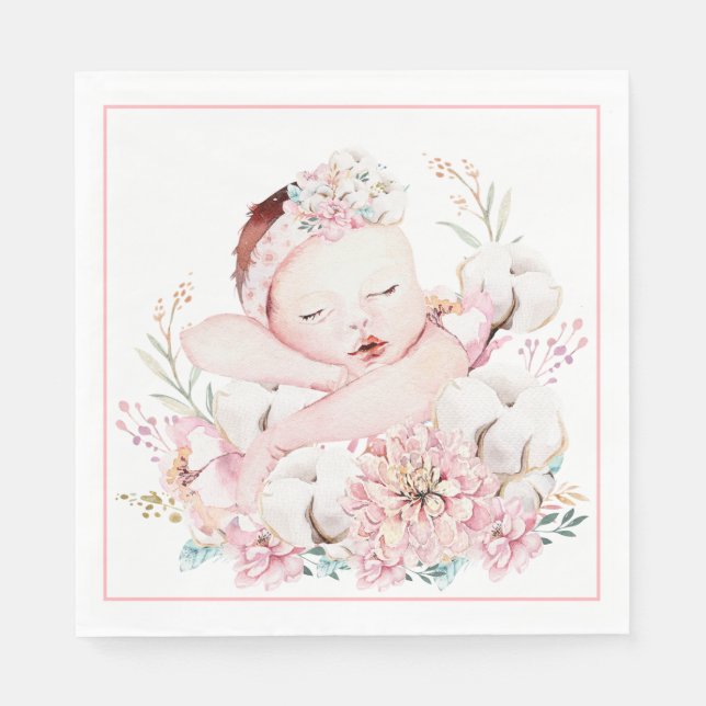 Serviette En Papier Papier Baby shower Fille Aquarelle (Devant)