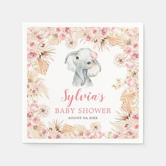Serviette En Papier Papier Baby shower rose Boho Elephant Girl Napkin (Devant)