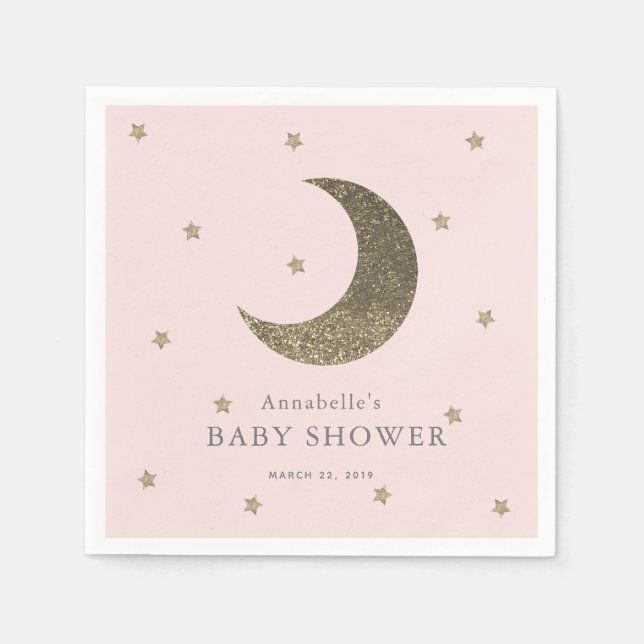 Serviette En Papier Papier Baby shower rose pâle Lune & Étoiles (Devant)