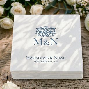 Serviette En Papier Papier Bleu Floral Orné Mariage Monogramme