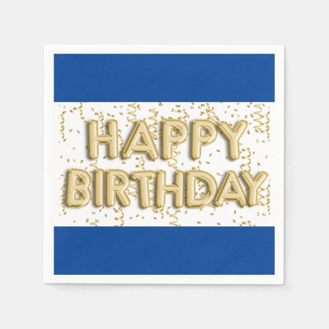 Serviette En Papier Papier d'anniversaire bleu et or joyeux Napkin (Devant)