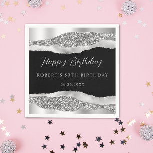 Serviette En Papier Papier d'anniversaire noir argent joyeux Napkin