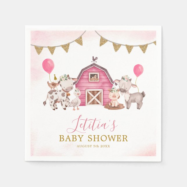 Serviette En Papier Papier de Baby shower de ferme rose fille Napkin (Devant)