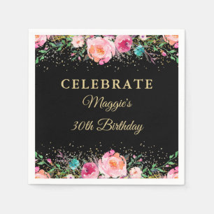 Serviette En Papier Papier de fête d'anniversaire rose floral noir