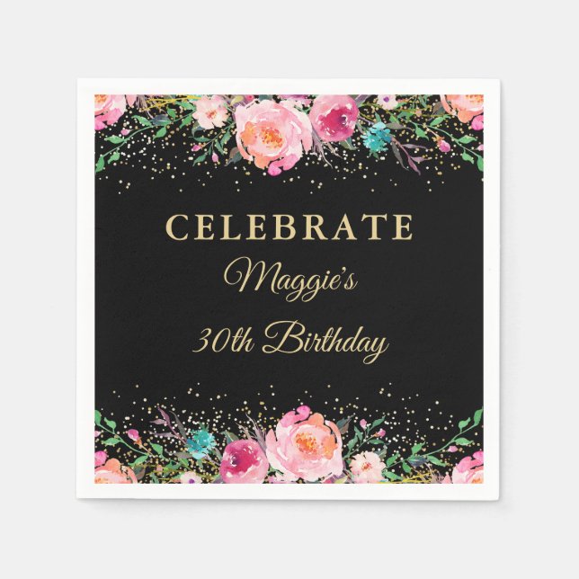Serviette En Papier Papier de fête d'anniversaire rose floral noir (Devant)