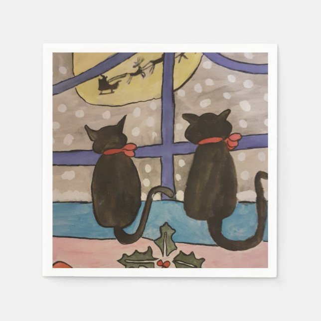 Serviette En Papier Papier de Noël de chat noir (Devant)