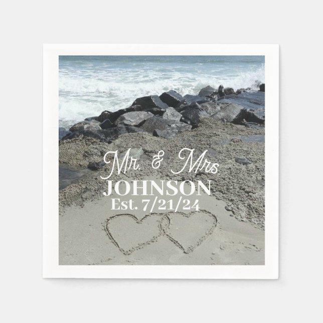 Serviette En Papier Papier - Deux Coeurs Dans Le Sable (Devant)