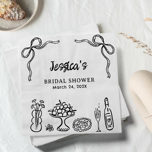Serviette En Papier Papier fantaisiste noir dessiné à la main pour la  (Hand Drawn Whimsical Bridal Shower Paper Napkin, Bows Bridal Shower Napkin Black Food Drinks )